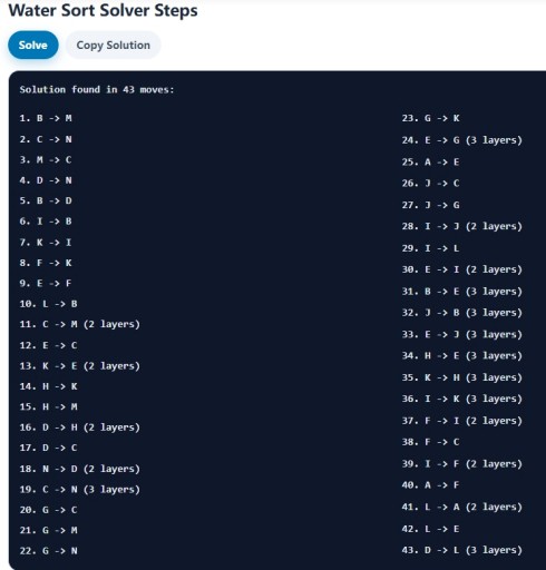 Water sort solver output showing the Level 105 move sequence