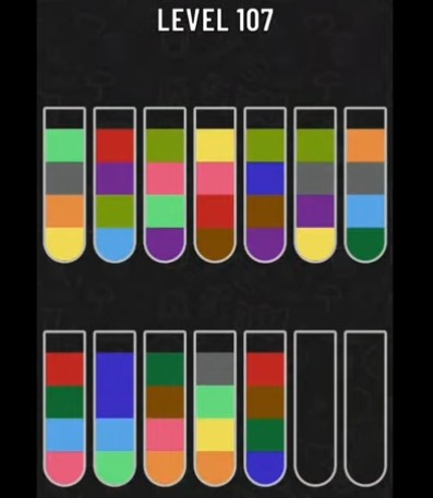 Water Sort Level 107 screenshot used to read bottle colors