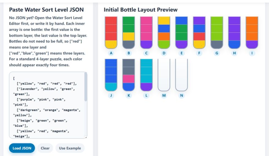 Sort Solver page with Level 24 JSON pasted and preview loaded