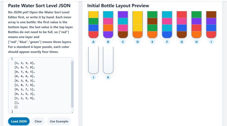 Sort Solver page with JSON pasted for Water Sort Level 50